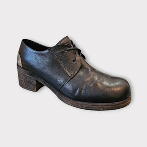 Vic Matie Steel Plated Heel Black Leather Block Heel Oxfords